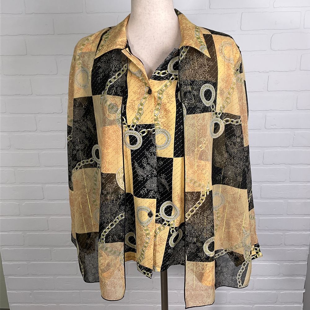 Won Moa  Blouse Black Gold‎ Floral Chain Sheer Sash Tie Scarf VTG